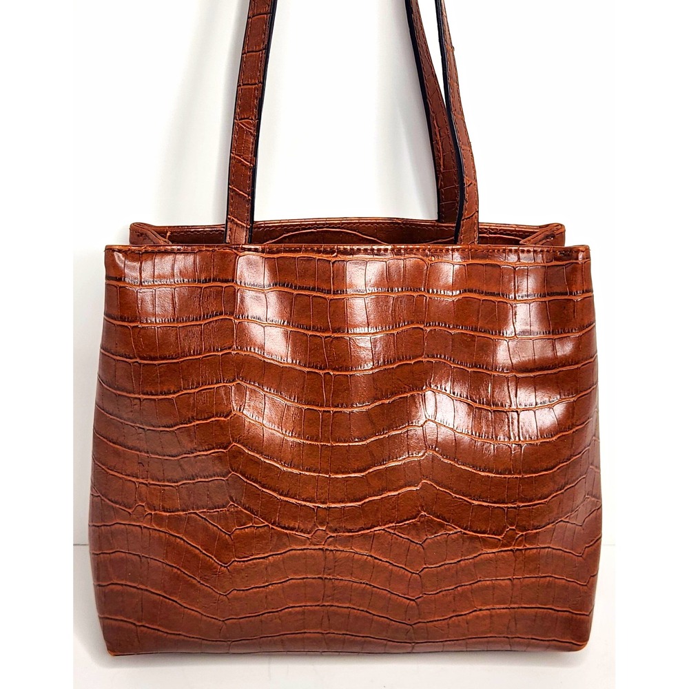 Leslie Fay Brown Croc Embossed Zip Tote Shoulder Bag Lined Inner Pockets